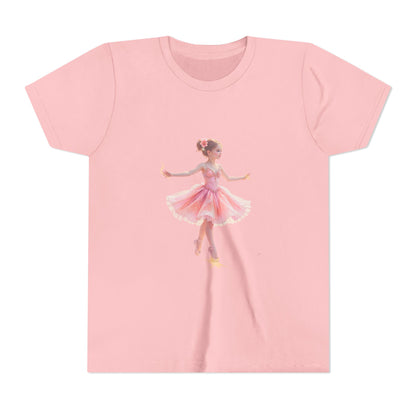 Pink t-shirt with a ballerina design on a white background
