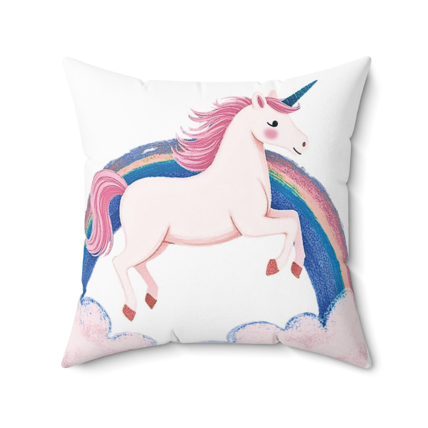 Decorative pillow with a unicorn and rainbow design on a white background