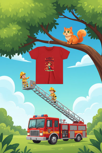 Red t-shirt with a child and fox graphic and 'Kindness is my superpower' text on a white background