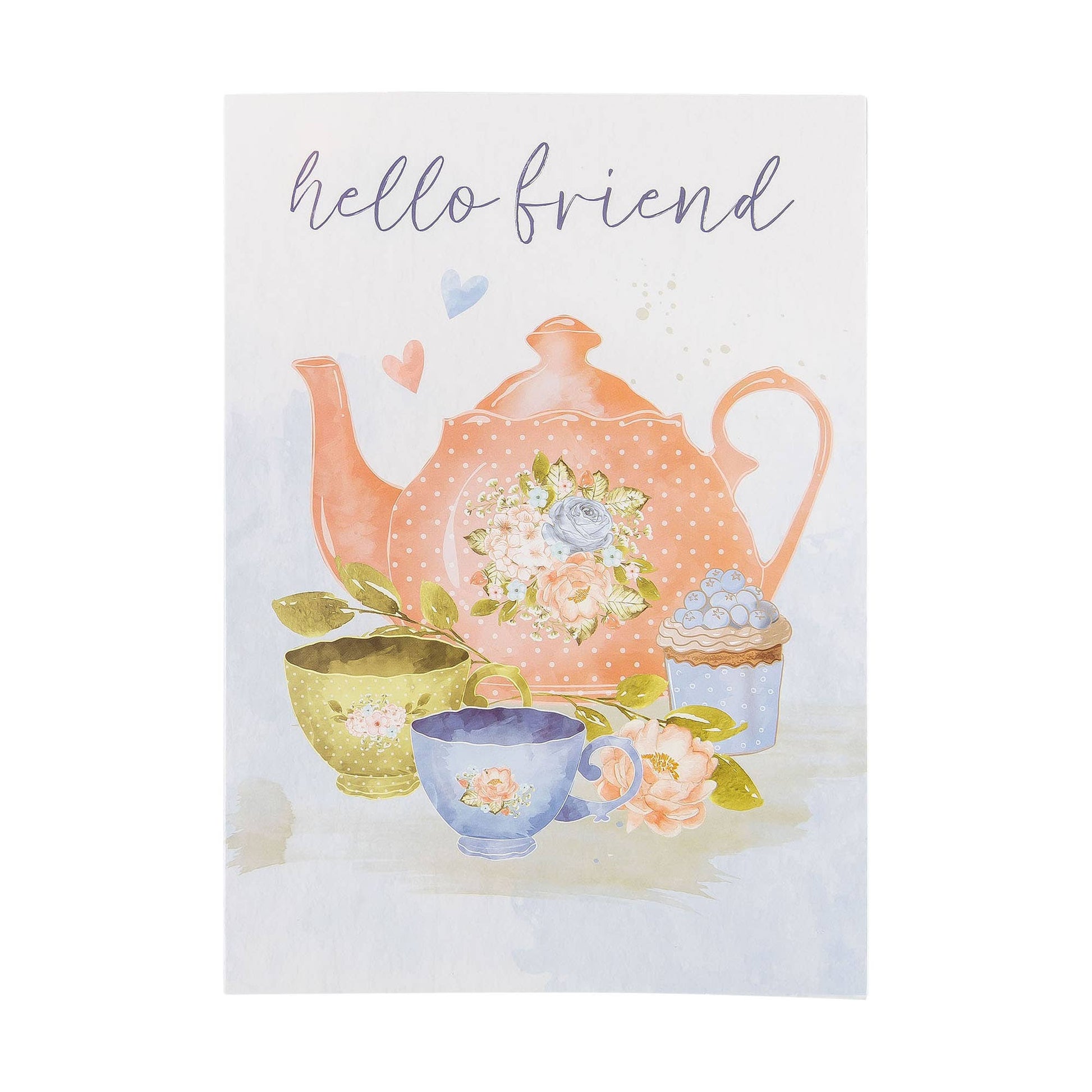 Card with a teapot, tea cup, and cookies illustration and 'hello friend' text on a white background.