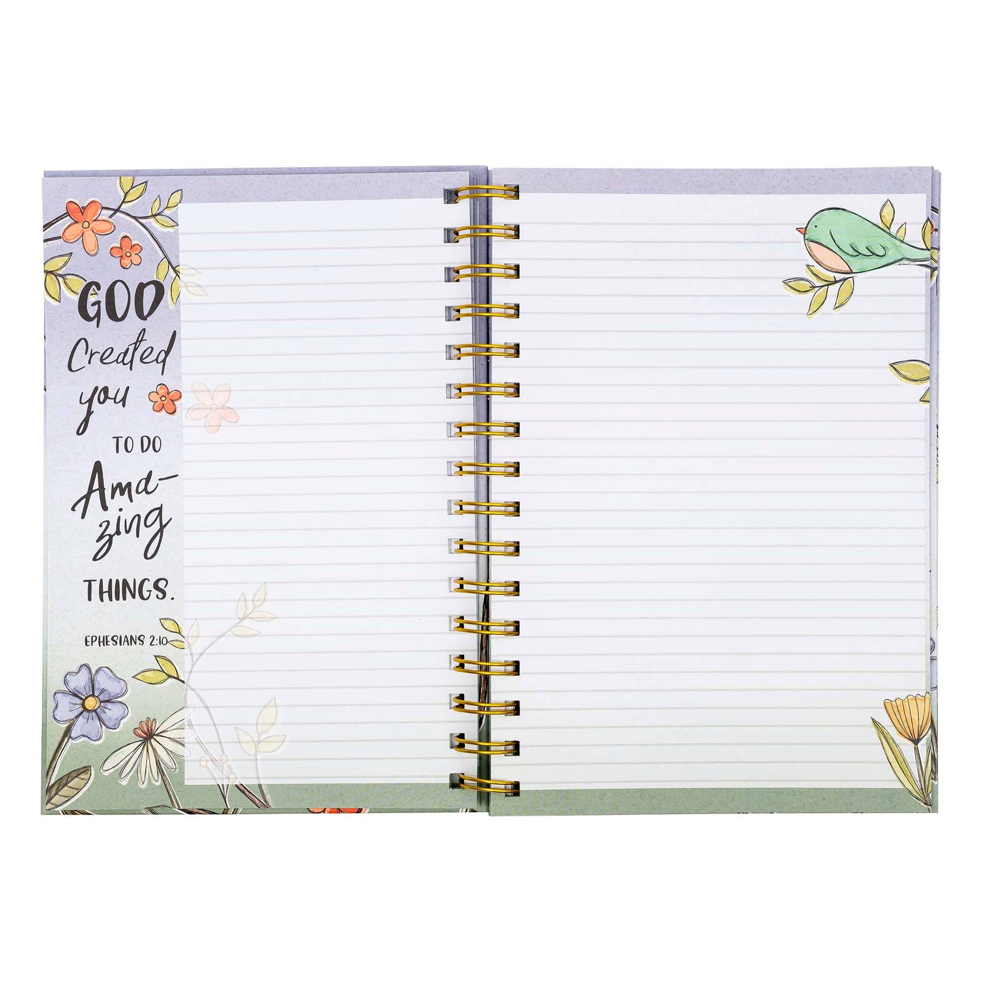 Open notebook with motivational quote and floral design on a white background