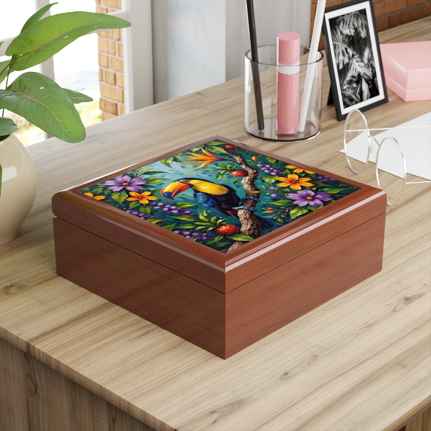 Tropical Toucan Jewelry Box — Colorful Floral Keepsake Box