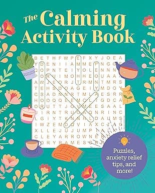 Cover of 'The Calming Activity Book' with a word search puzzle and decorative elements on a teal background.