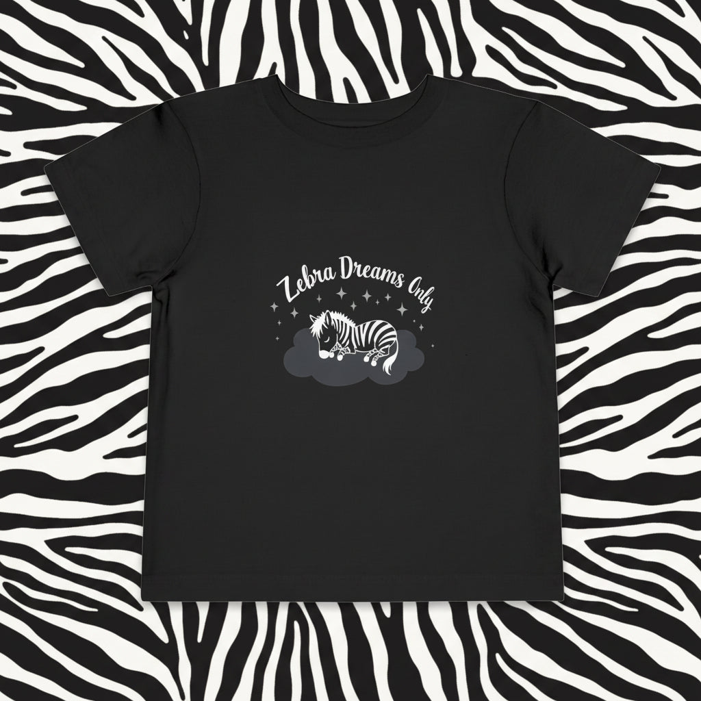 Black t-shirt with a zebra graphic and 'Zebra Dreams Only' text on a white background