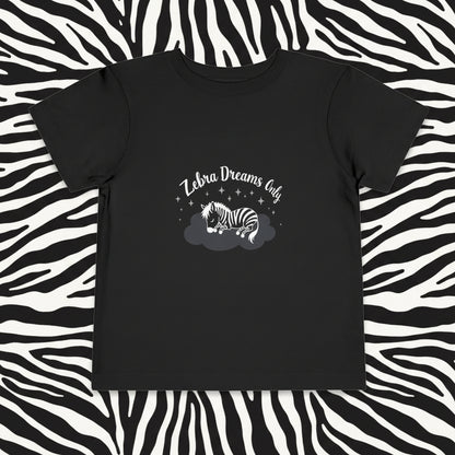 Black t-shirt with a zebra graphic and 'Zebra Dreams Only' text on a white background