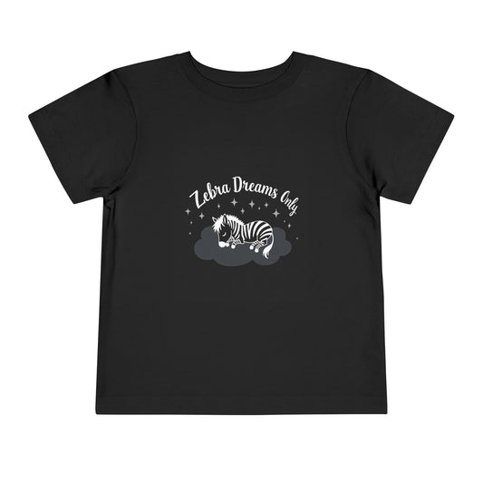 Black t-shirt with a zebra graphic and 'Zebra Dreams Only' text on a white background