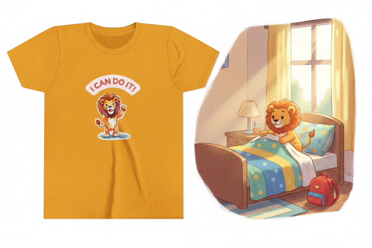 Yellow t-shirt with a cartoon lion and 'I Can Do It!' text on a white background