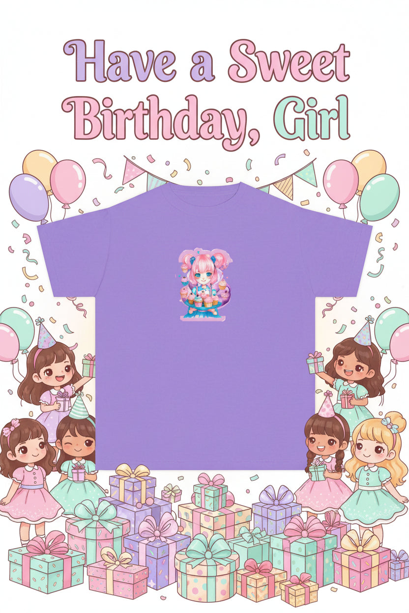 A light purple short-sleeve t-shirt with a colorful anime-style graphic of a character with pink hair and a cake on the center chest. That background has cartoon girls having a party. The title says, "Have a Seet Birthday, Girl".