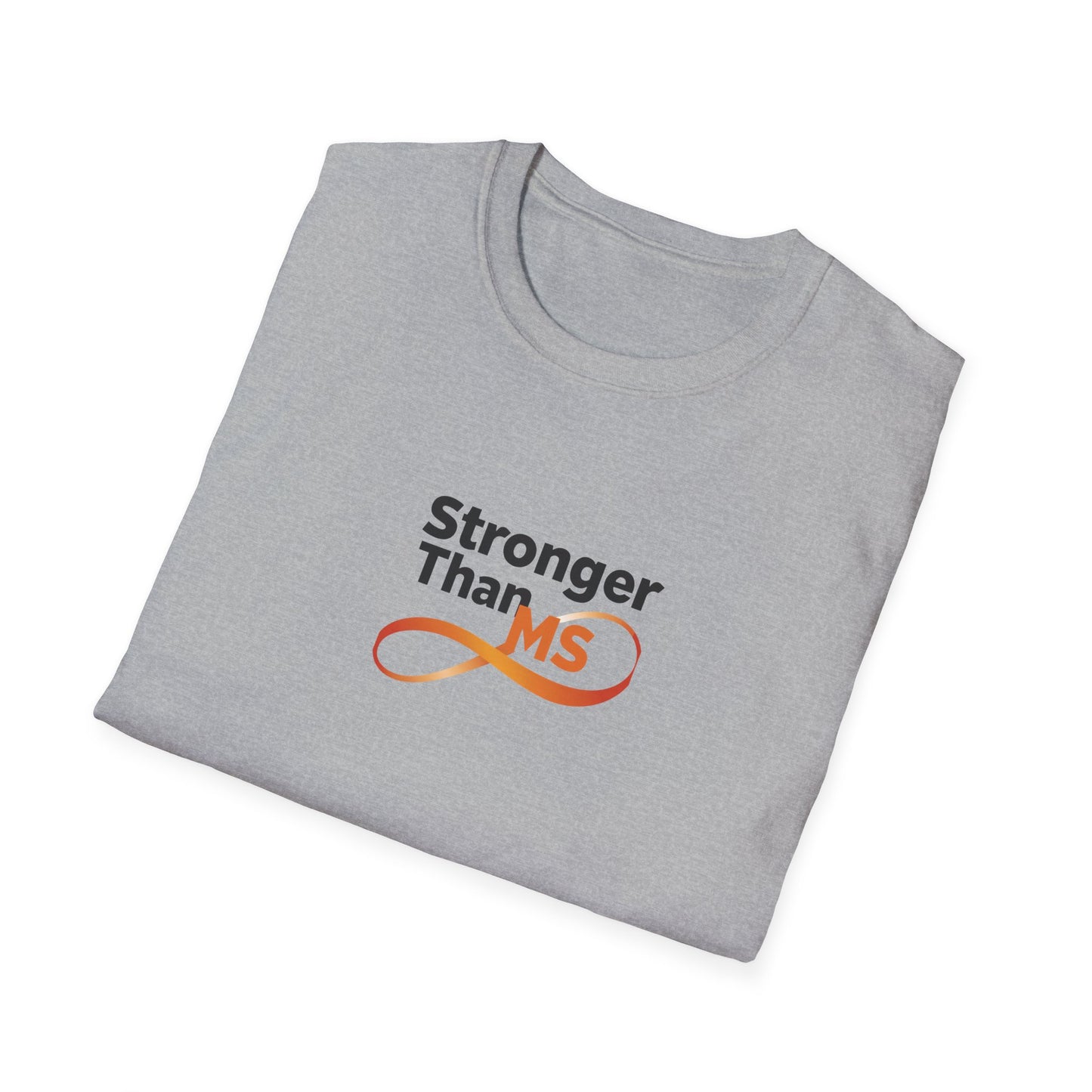 A folded light gray t-shirt with a graphic on the front that reads 'Stronger Than MS' in black text above an orange MS awareness ribbon.