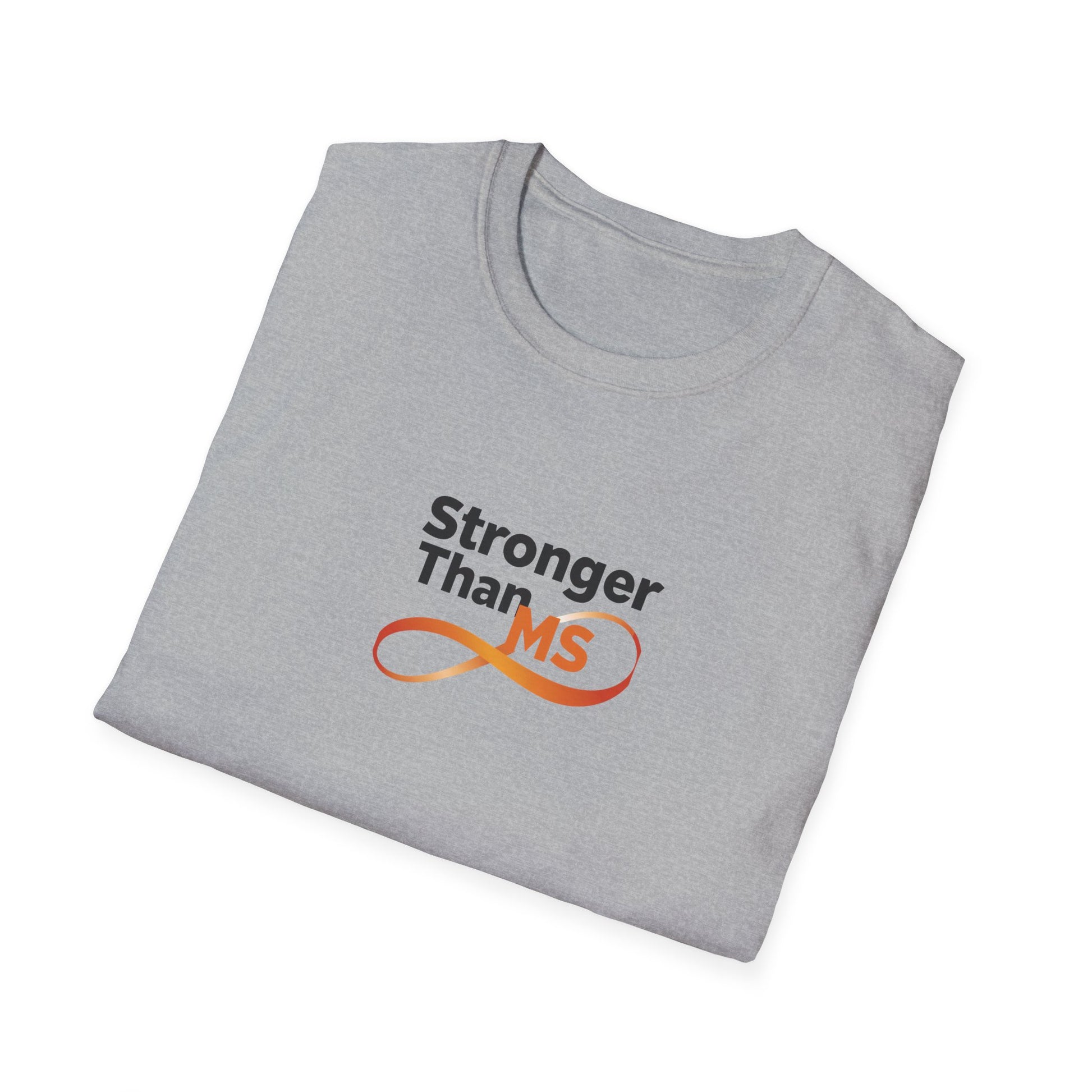 A folded light gray t-shirt with a graphic on the front that reads 'Stronger Than MS' in black text above an orange MS awareness ribbon.