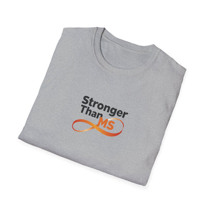 A folded light gray t-shirt with a graphic on the front that reads 'Stronger Than MS' in black text above an orange MS awareness ribbon.