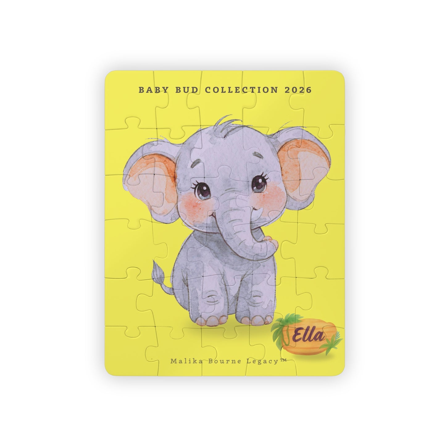 Jigsaw puzzle with a cute elephant design on a yellow background, featuring the brand 'Ella'.