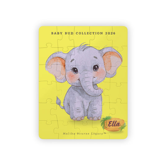 Jigsaw puzzle with a cute elephant design on a yellow background, featuring the brand 'Ella'.