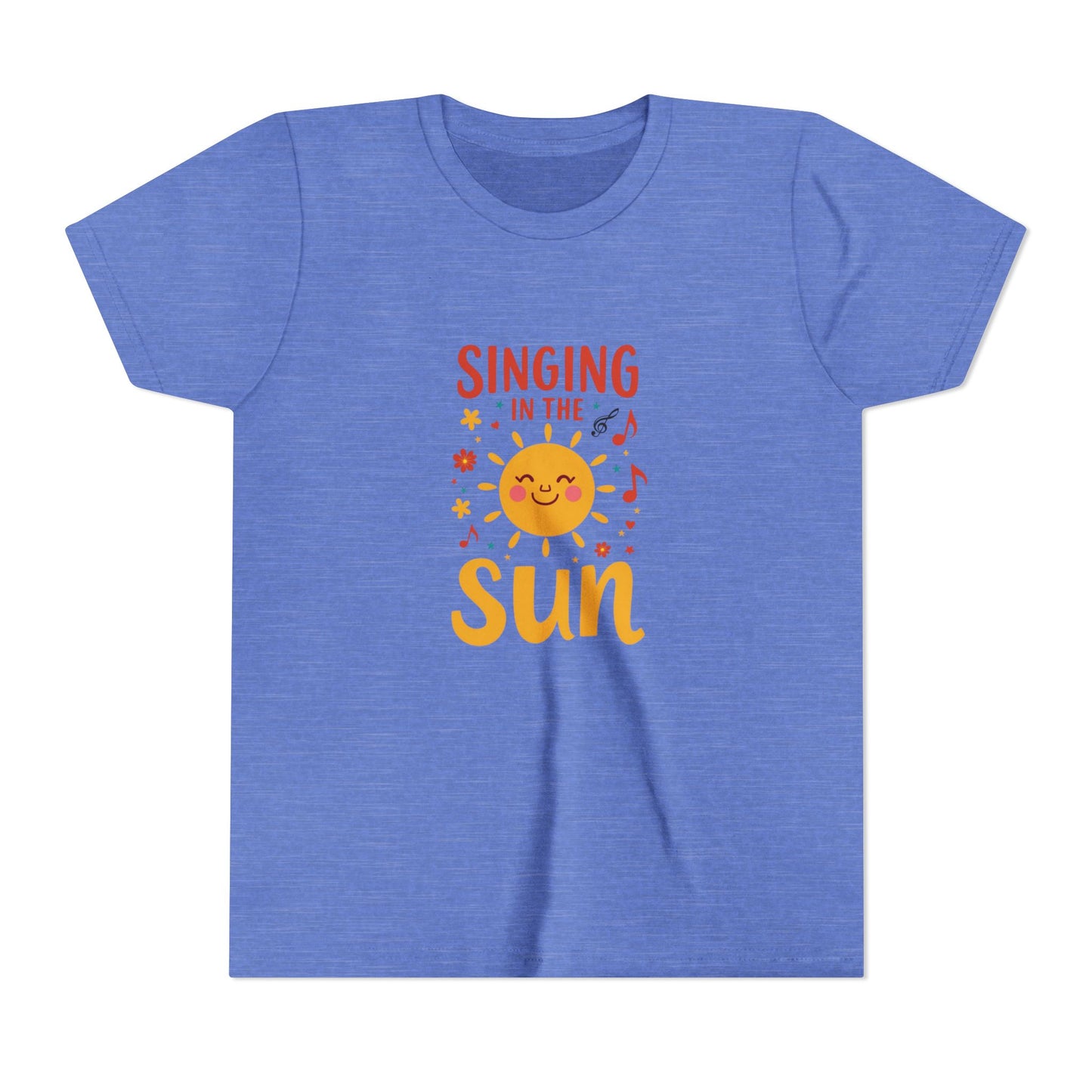 Blue t-shirt with 'Singing in the Sun' graphic design on a white background