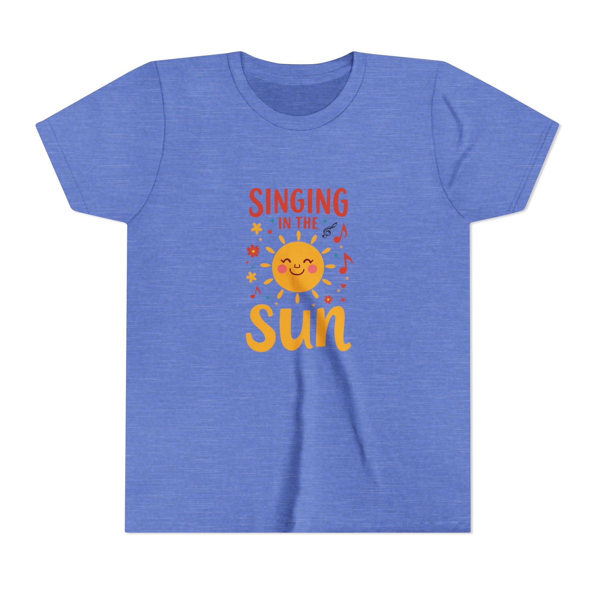 Blue t-shirt with 'Singing in the Sun' graphic design on a white background