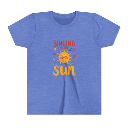 Blue t-shirt with 'Singing in the Sun' graphic design on a white background