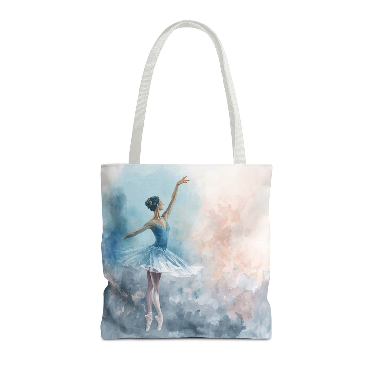 Tote bag with a design of a ballerina in a blue tutu against a soft, multicolored background.
