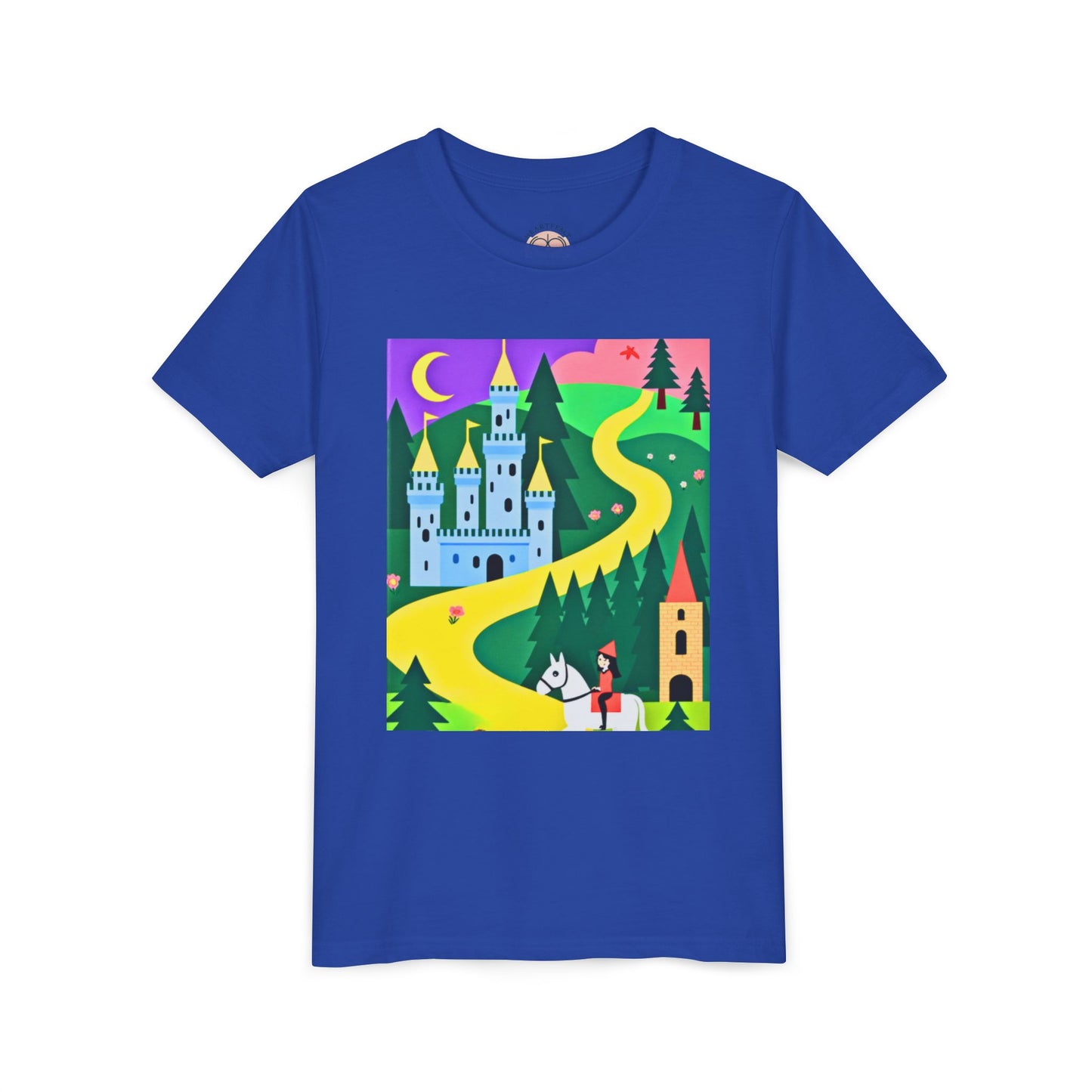Blue t-shirt with a colorful graphic of a castle and path on a white background