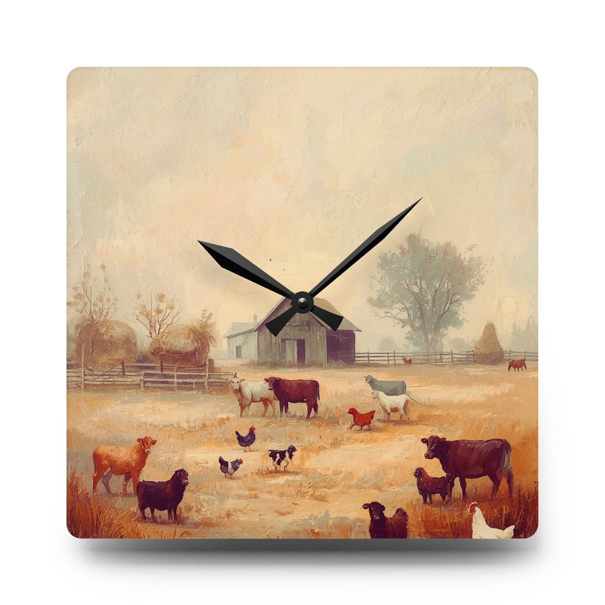 Wall clock with a farm scene design featuring animals and a barn.
