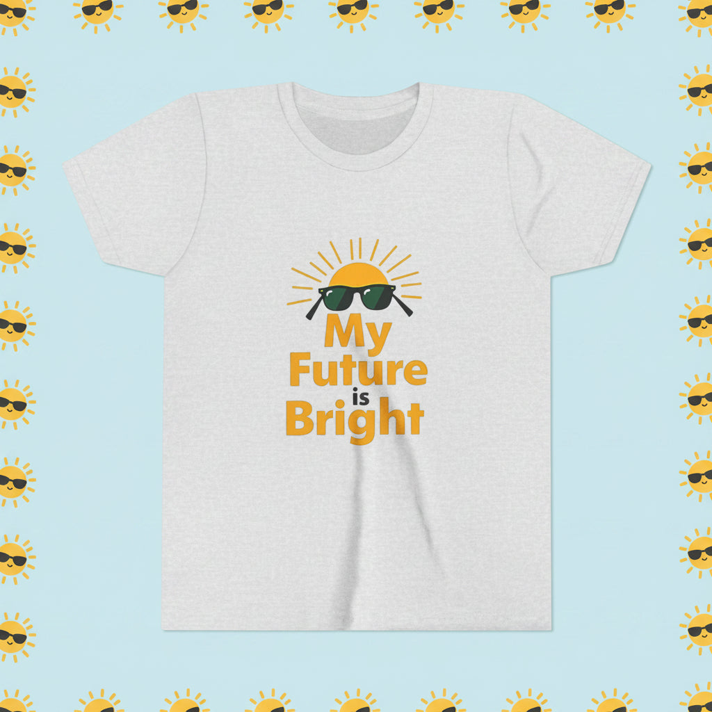 White t-shirt with 'My Future is Bright' design featuring a sun and sunglasses on a white background