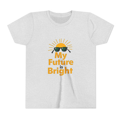 White t-shirt with 'My Future is Bright' design featuring a sun and sunglasses on a white background