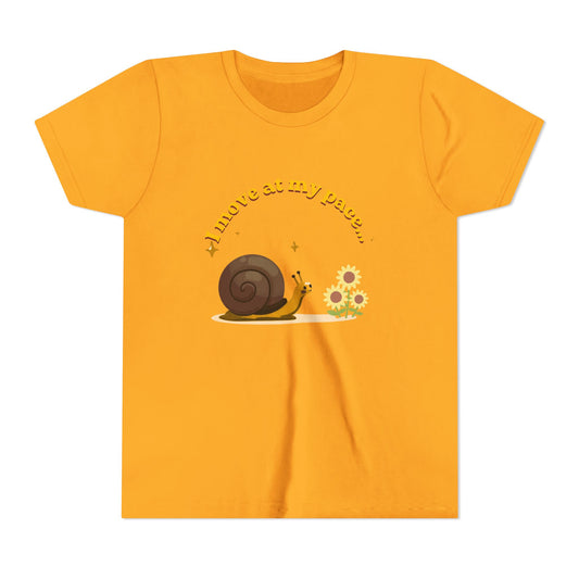 Yellow t-shirt with a snail and flower design on a white background