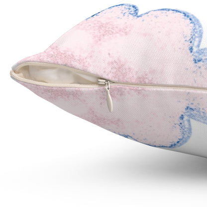 Zipper closure for pillow with pink and blue abstract design on a white background