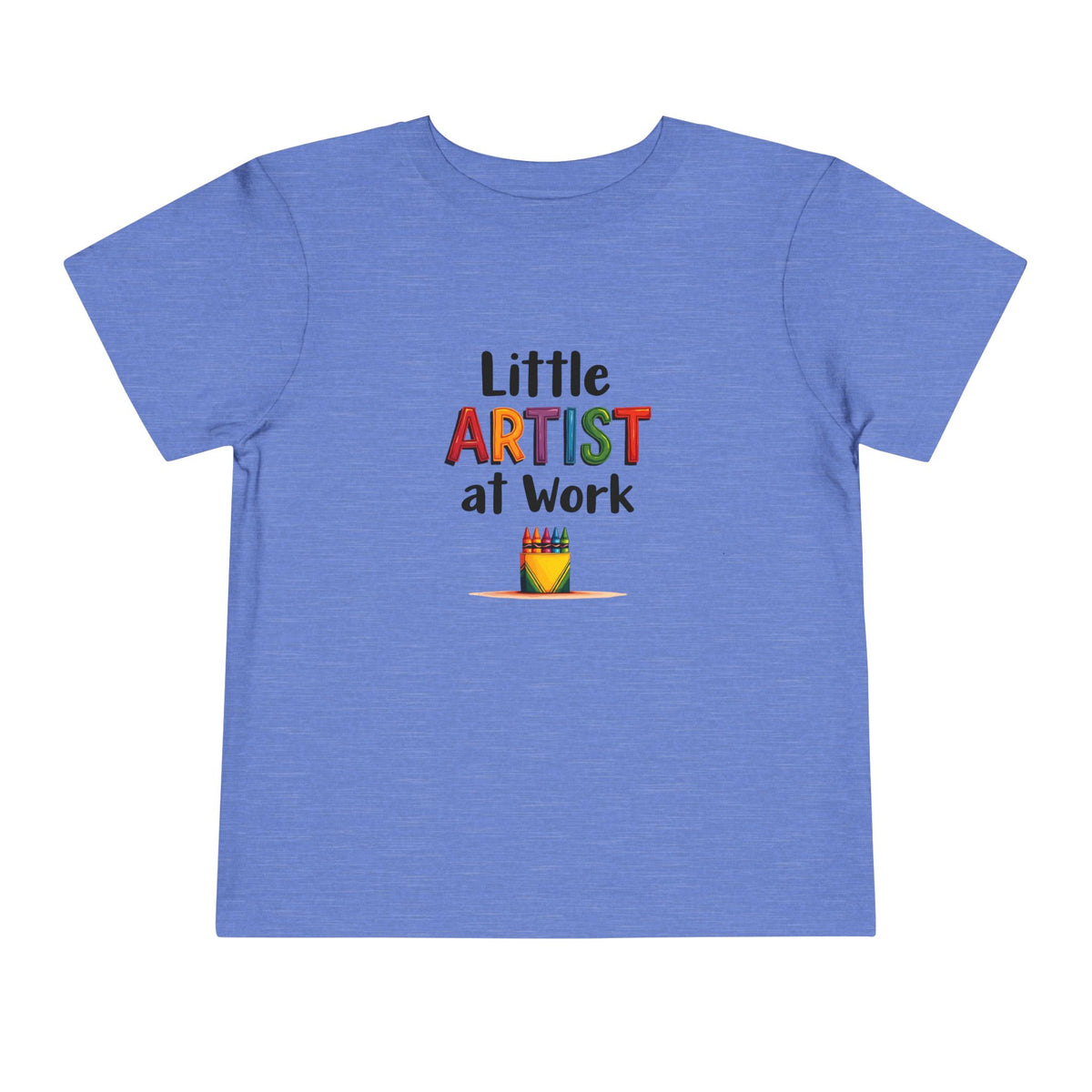 A heather blue short-sleeve toddlers' t-shirt with a colorful graphic on the chest that reads 'Little ARTIST at Work' above a small box of crayons illustration, shown on a plain white background.