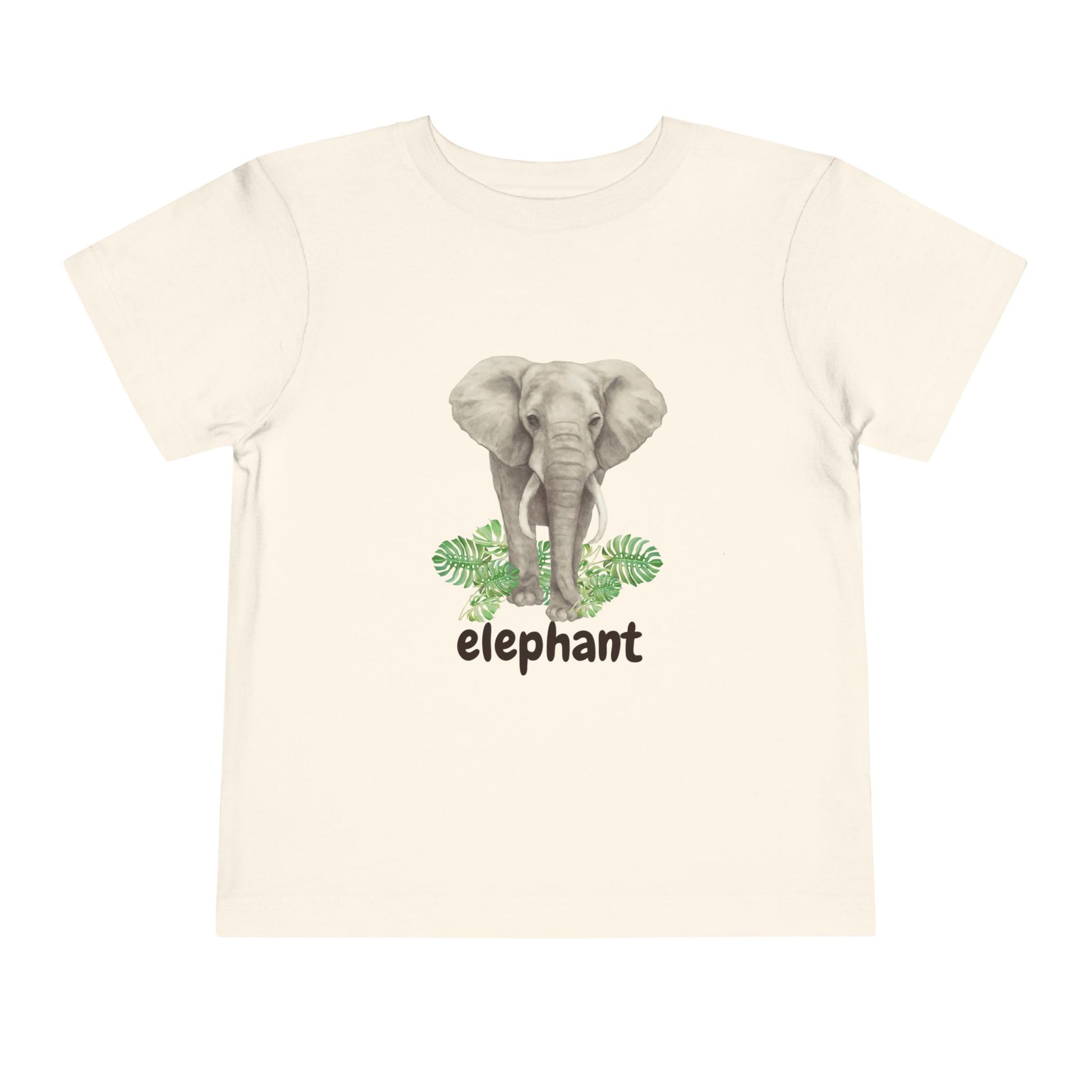 Beige t-shirt with an elephant graphic and 'elephant' text on a white background