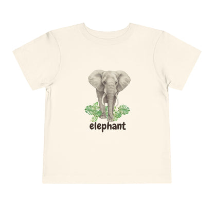 Beige t-shirt with an elephant graphic and 'elephant' text on a white background