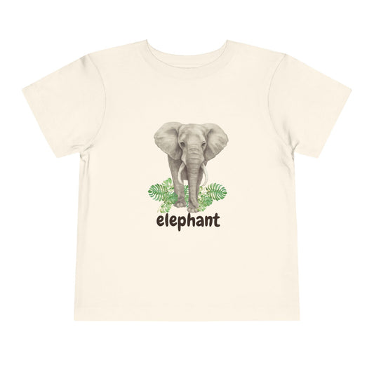 Beige t-shirt with an elephant graphic and 'elephant' text on a white background