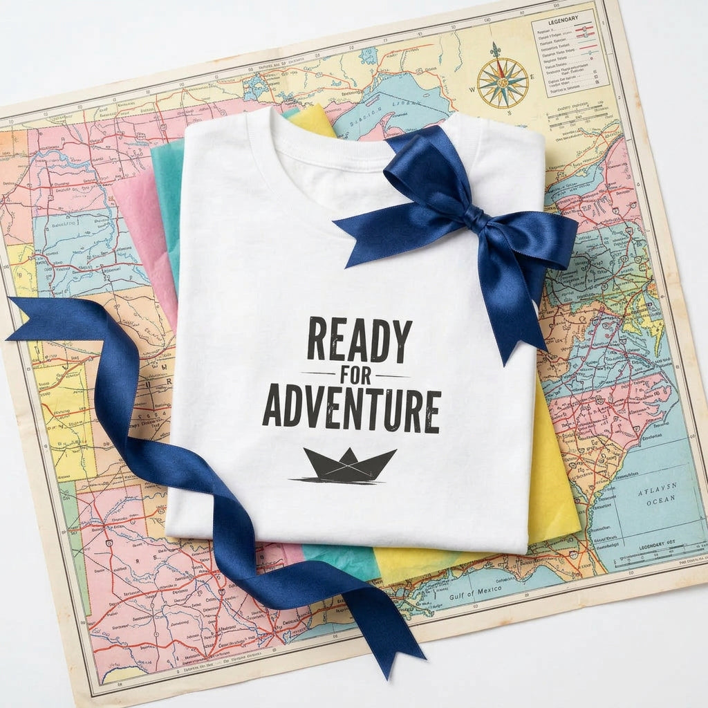 Kids fold white T‑shirt with bold black “Ready for Adventure” text and a small paper boat graphic.