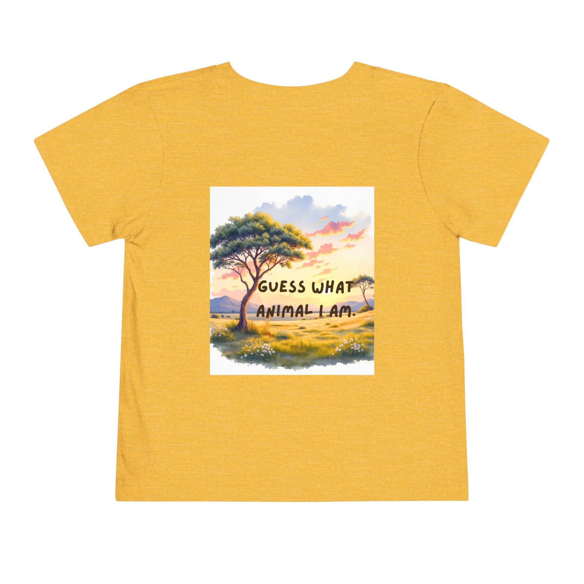 Yellow t-shirt with a nature-themed graphic and text on a white background