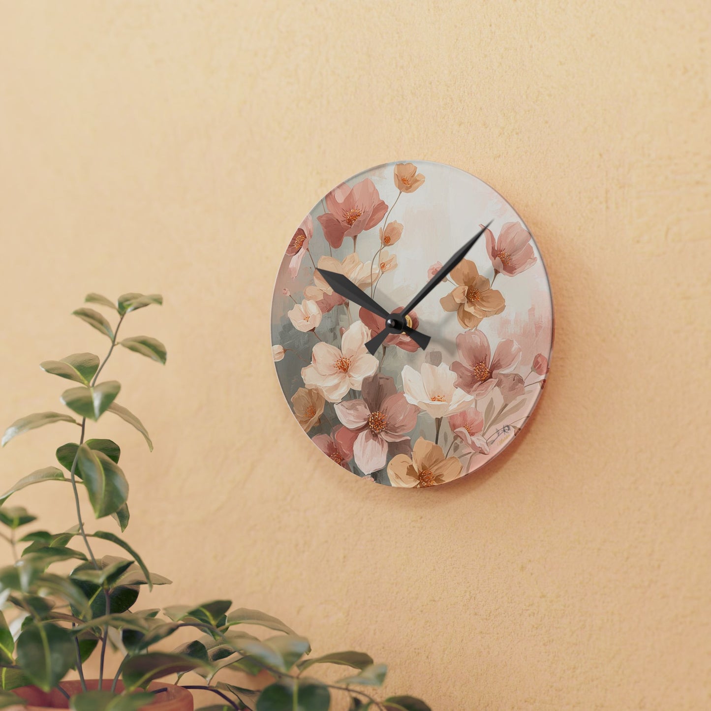 Floral Acrylic Wall Clock — Soft Peach Blossom Home Decor
