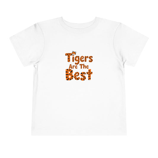 Tiger head graphic with the words ‘Tigers Are the Best’ written in orange tiger stripe letters on a toddler tee.