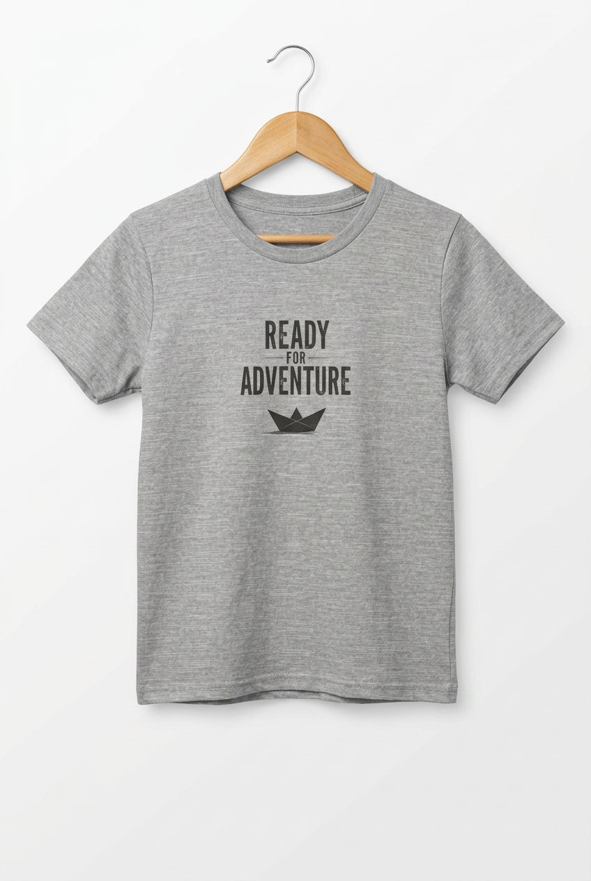 Kids grey T‑shirt with bold black “Ready for Adventure” text and a small paper boat graphic.