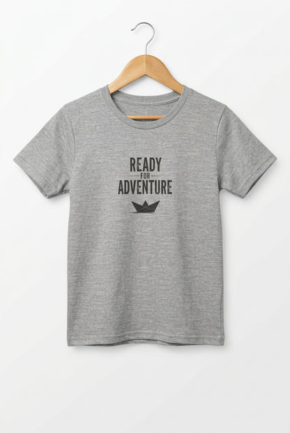 Kids grey T‑shirt with bold black “Ready for Adventure” text and a small paper boat graphic.