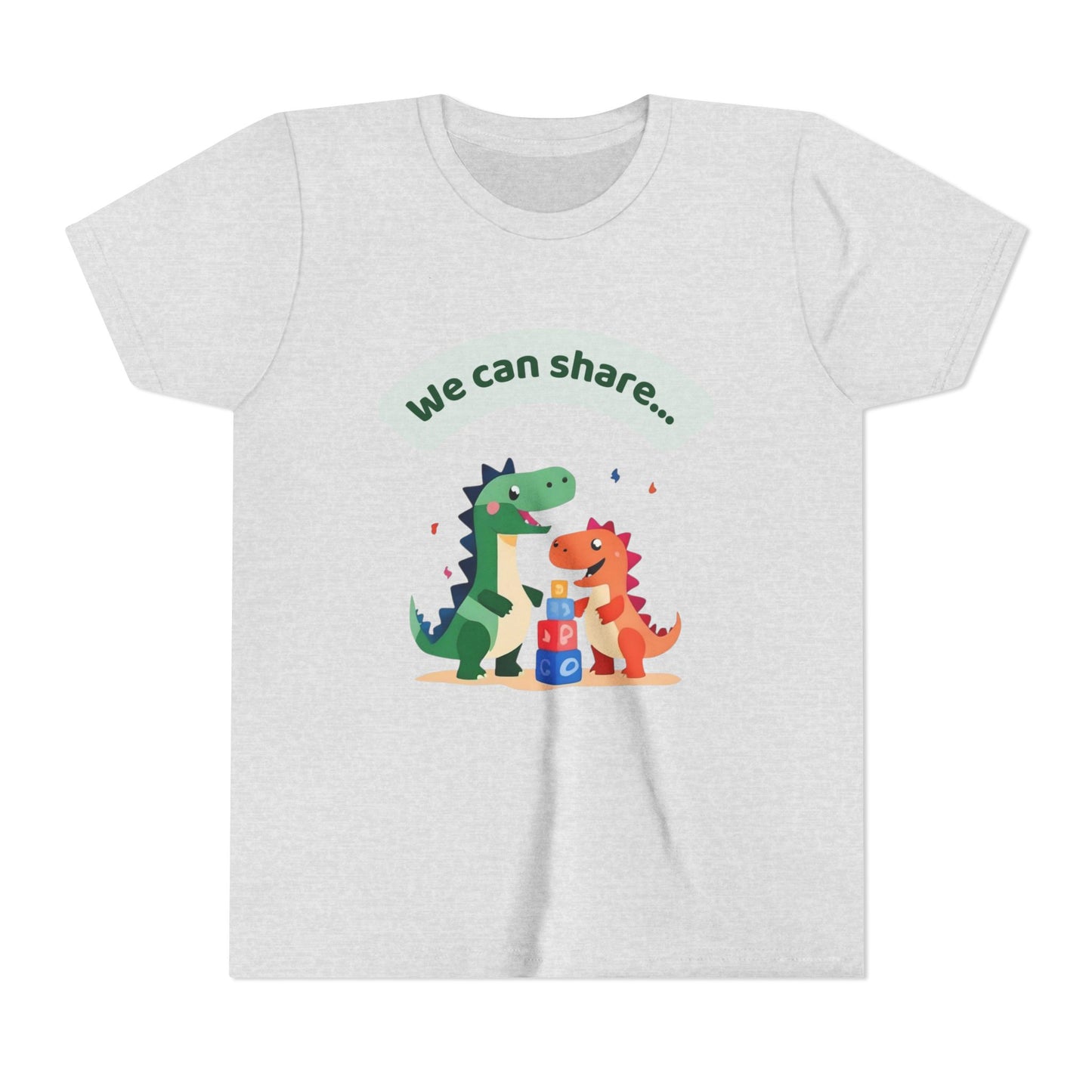 White t-shirt with cartoon dinosaurs and text 'We can share' on a white background