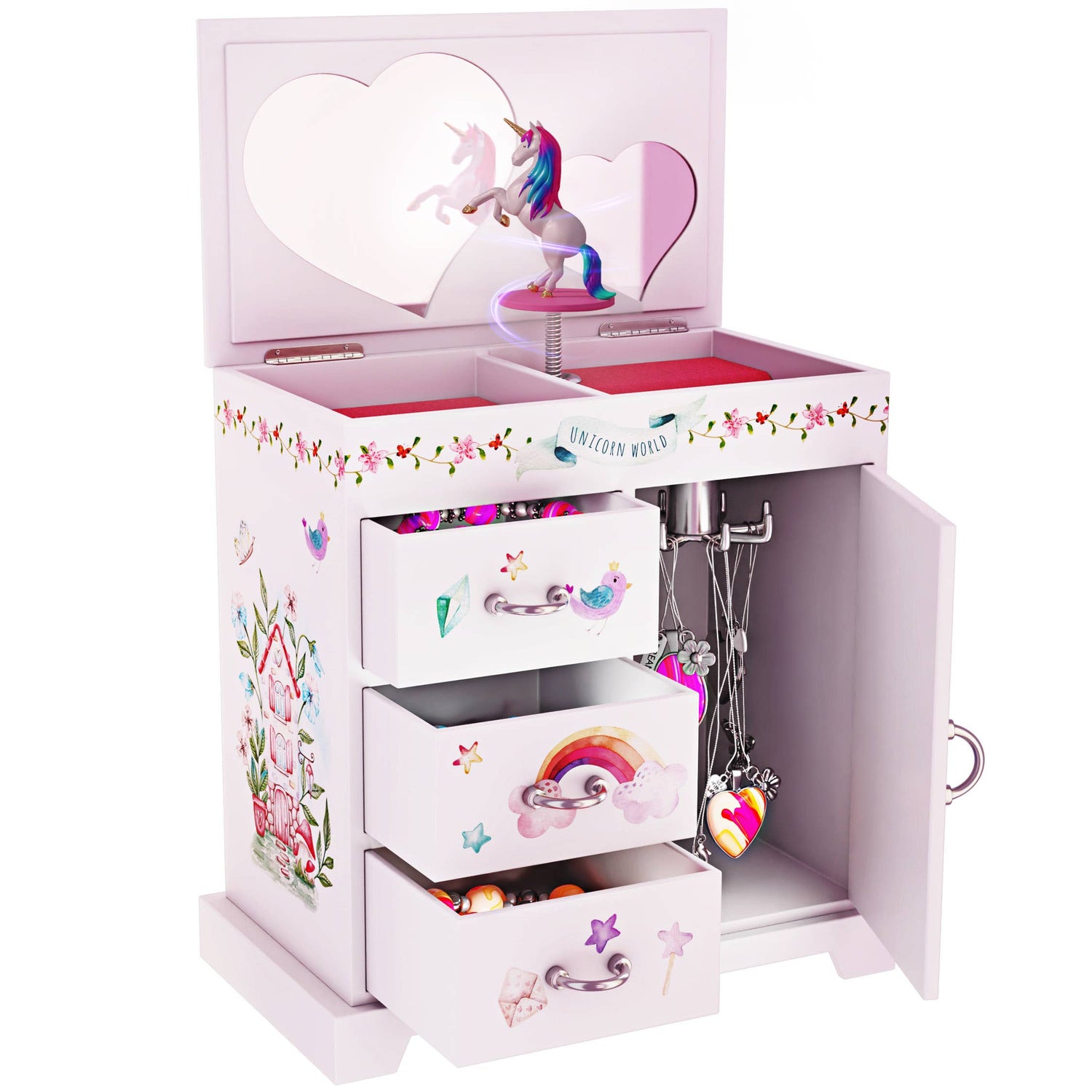 Unicorn-themed jewelry box with open lid showing a unicorn figurine and jewelry inside.