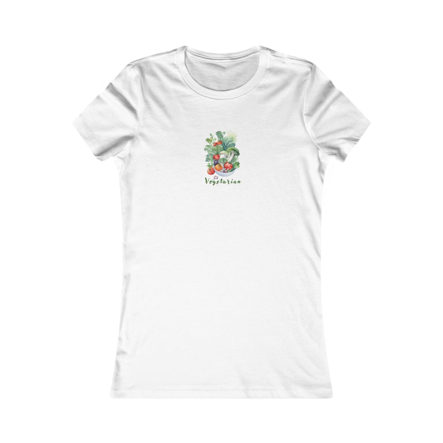White t-shirt with a printed bowl of vegetables.