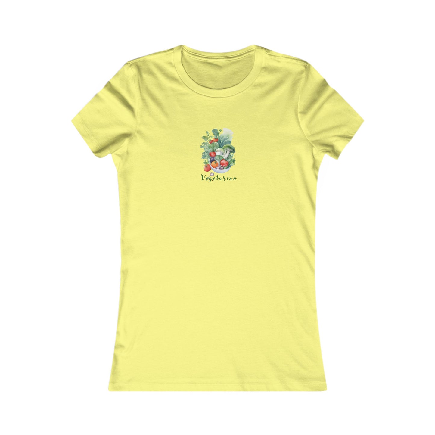 Yellow  t-shirt with a printed bowl of vegetables.