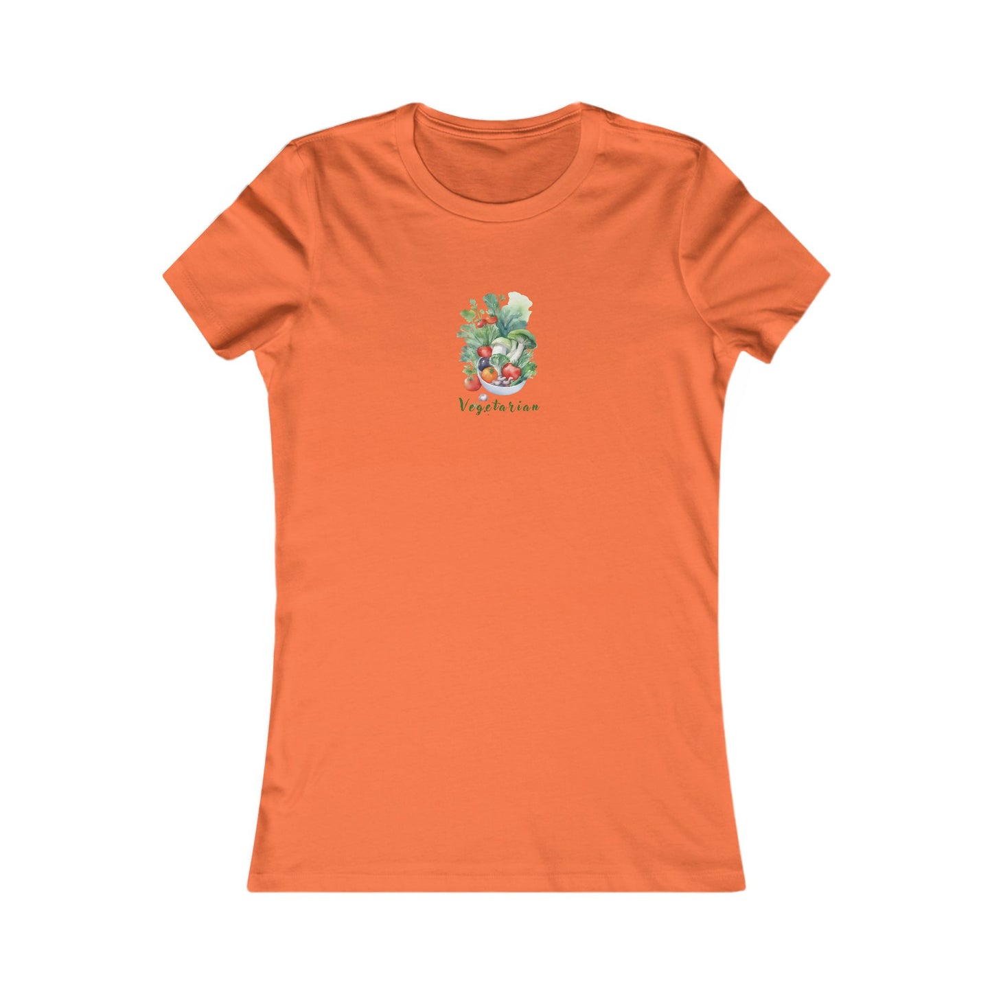 Orange  t-shirt with a printed bowl of vegetables.