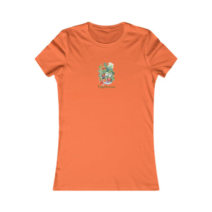Orange  t-shirt with a printed bowl of vegetables.