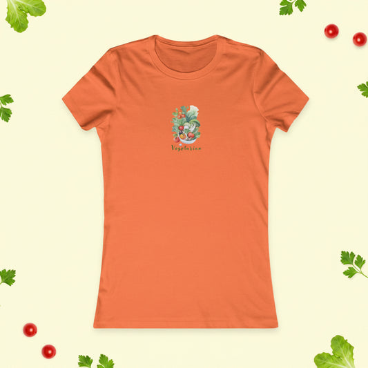 Orange  t-shirt with a printed bowl of vegetables.