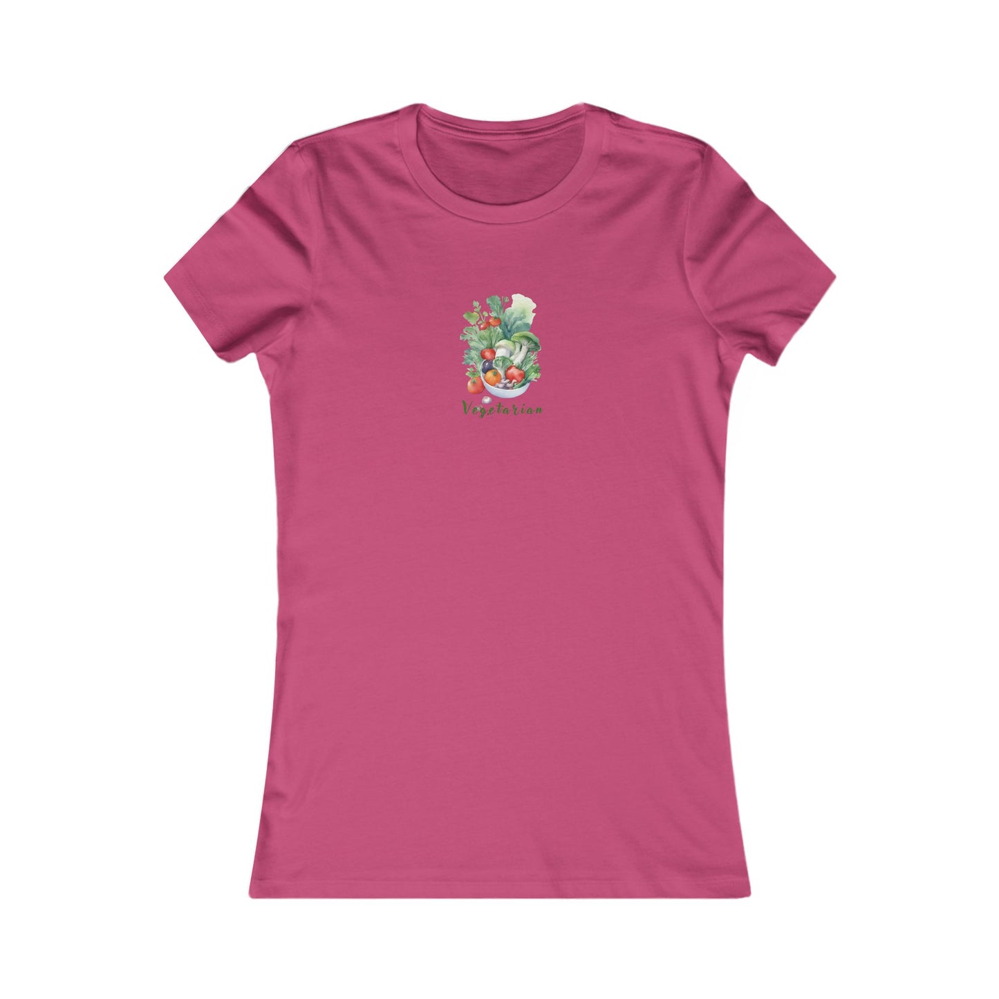 Berry colored  t-shirt with a printed bowl of vegetables.