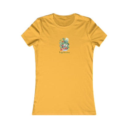 Yellow/ gold  t-shirt with a printed bowl of vegetables.