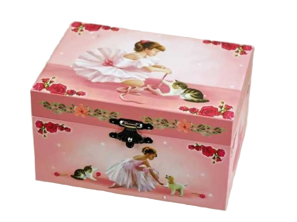 Pink jewelry box with ballerina and cat design on a white background