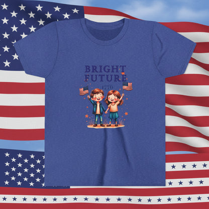 Blue t-shirt with cartoon characters and 'Bright Future' text on a red white blue background