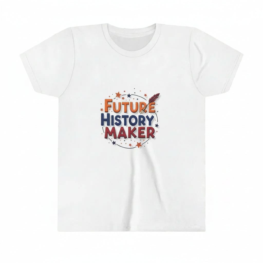 White t-shirt with 'Future History Maker' text and design on a white background