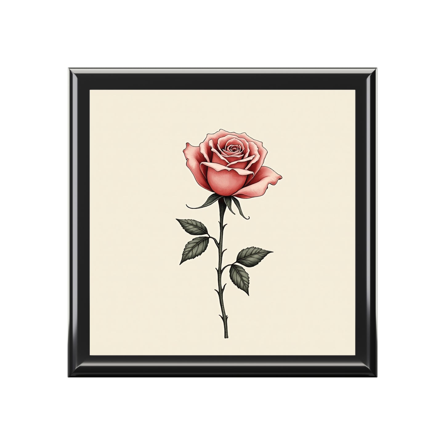 Framed artwork of a pink rose on a beige background